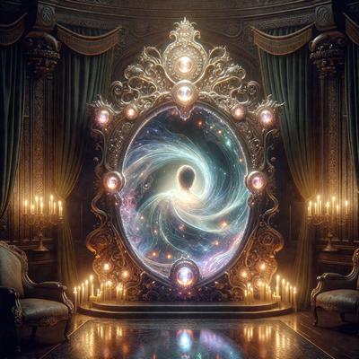 The primary subject of the image is a large, ornate mirror with a blue and purple hue. The mirror is placed in a room with green curtains, creating a unique and artistic atmosphere. The visual style of the image is a combination of digital art and illustration, giving it a surreal and fantastical appearance. The colors and mood of the image are predominantly blue and purple, which contribute to the overall aesthetic and mood of the scene.